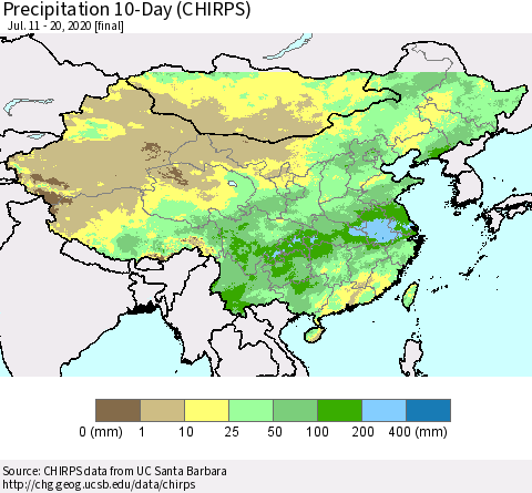 China, Mongolia and Taiwan Precipitation 10-Day (CHIRPS) Thematic Map For 7/11/2020 - 7/20/2020