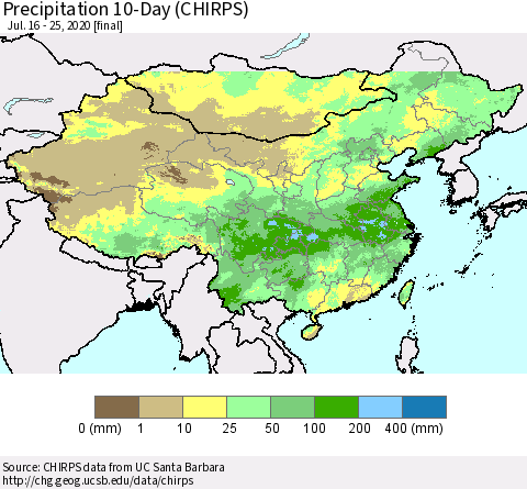 China, Mongolia and Taiwan Precipitation 10-Day (CHIRPS) Thematic Map For 7/16/2020 - 7/25/2020