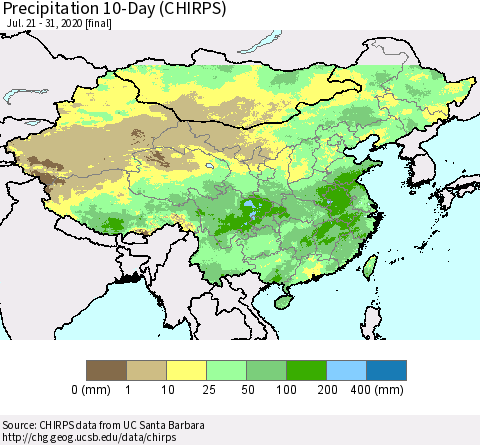 China, Mongolia and Taiwan Precipitation 10-Day (CHIRPS) Thematic Map For 7/21/2020 - 7/31/2020