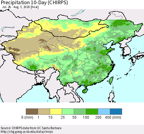 China, Mongolia and Taiwan Precipitation 10-Day (CHIRPS) Thematic Map For 7/26/2020 - 8/5/2020