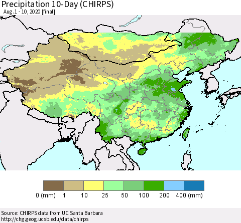 China, Mongolia and Taiwan Precipitation 10-Day (CHIRPS) Thematic Map For 8/1/2020 - 8/10/2020
