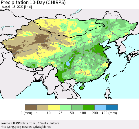 China, Mongolia and Taiwan Precipitation 10-Day (CHIRPS) Thematic Map For 8/6/2020 - 8/15/2020