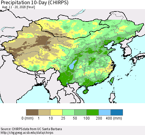 China, Mongolia and Taiwan Precipitation 10-Day (CHIRPS) Thematic Map For 8/11/2020 - 8/20/2020