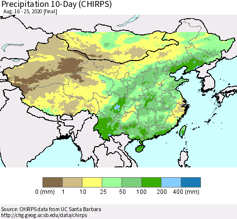 China, Mongolia and Taiwan Precipitation 10-Day (CHIRPS) Thematic Map For 8/16/2020 - 8/25/2020