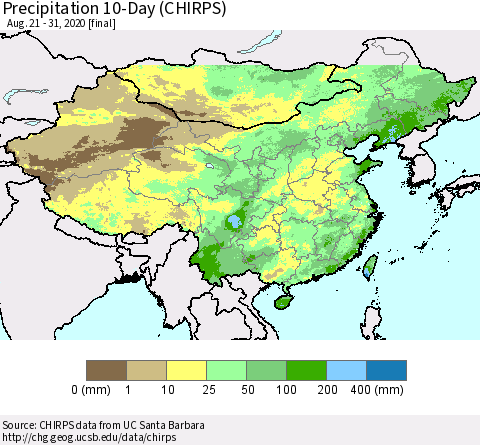 China, Mongolia and Taiwan Precipitation 10-Day (CHIRPS) Thematic Map For 8/21/2020 - 8/31/2020