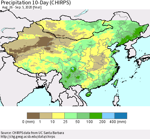 China, Mongolia and Taiwan Precipitation 10-Day (CHIRPS) Thematic Map For 8/26/2020 - 9/5/2020