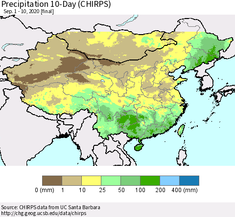 China, Mongolia and Taiwan Precipitation 10-Day (CHIRPS) Thematic Map For 9/1/2020 - 9/10/2020