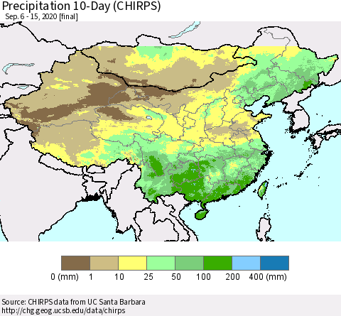 China, Mongolia and Taiwan Precipitation 10-Day (CHIRPS) Thematic Map For 9/6/2020 - 9/15/2020