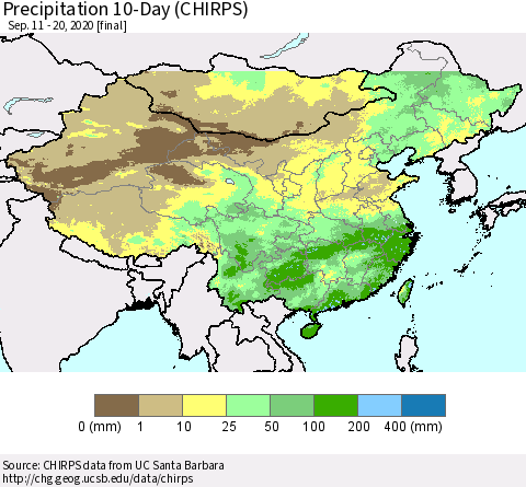 China, Mongolia and Taiwan Precipitation 10-Day (CHIRPS) Thematic Map For 9/11/2020 - 9/20/2020