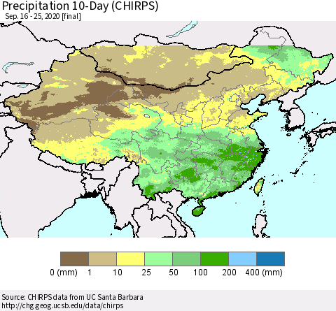 China, Mongolia and Taiwan Precipitation 10-Day (CHIRPS) Thematic Map For 9/16/2020 - 9/25/2020