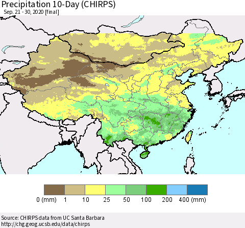 China, Mongolia and Taiwan Precipitation 10-Day (CHIRPS) Thematic Map For 9/21/2020 - 9/30/2020