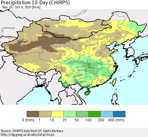 China, Mongolia and Taiwan Precipitation 10-Day (CHIRPS) Thematic Map For 9/26/2020 - 10/5/2020