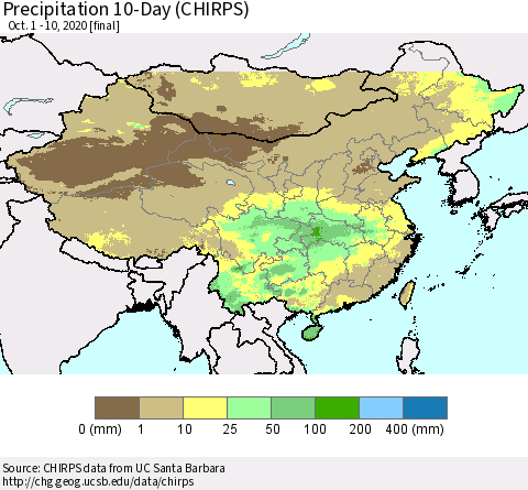 China, Mongolia and Taiwan Precipitation 10-Day (CHIRPS) Thematic Map For 10/1/2020 - 10/10/2020