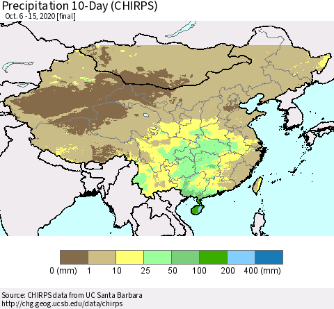 China, Mongolia and Taiwan Precipitation 10-Day (CHIRPS) Thematic Map For 10/6/2020 - 10/15/2020