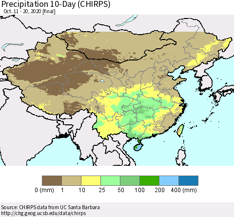 China, Mongolia and Taiwan Precipitation 10-Day (CHIRPS) Thematic Map For 10/11/2020 - 10/20/2020