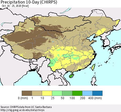 China, Mongolia and Taiwan Precipitation 10-Day (CHIRPS) Thematic Map For 10/16/2020 - 10/25/2020
