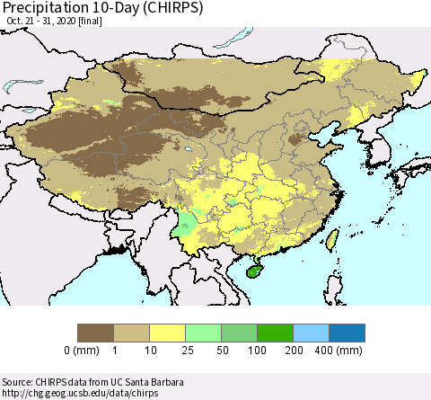 China, Mongolia and Taiwan Precipitation 10-Day (CHIRPS) Thematic Map For 10/21/2020 - 10/31/2020