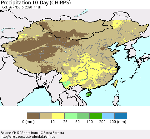 China, Mongolia and Taiwan Precipitation 10-Day (CHIRPS) Thematic Map For 10/26/2020 - 11/5/2020