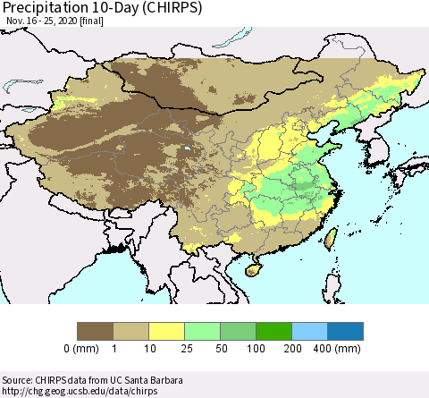 China, Mongolia and Taiwan Precipitation 10-Day (CHIRPS) Thematic Map For 11/16/2020 - 11/25/2020
