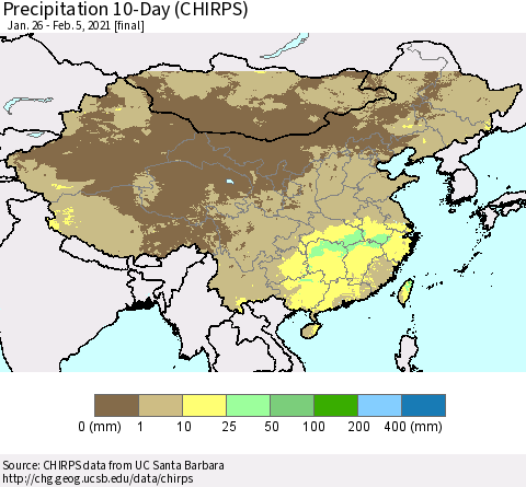 China, Mongolia and Taiwan Precipitation 10-Day (CHIRPS) Thematic Map For 1/26/2021 - 2/5/2021