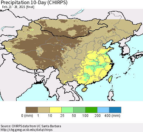 China, Mongolia and Taiwan Precipitation 10-Day (CHIRPS) Thematic Map For 2/21/2021 - 2/28/2021