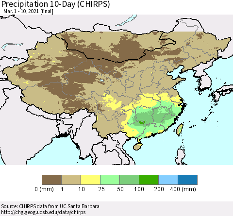 China, Mongolia and Taiwan Precipitation 10-Day (CHIRPS) Thematic Map For 3/1/2021 - 3/10/2021
