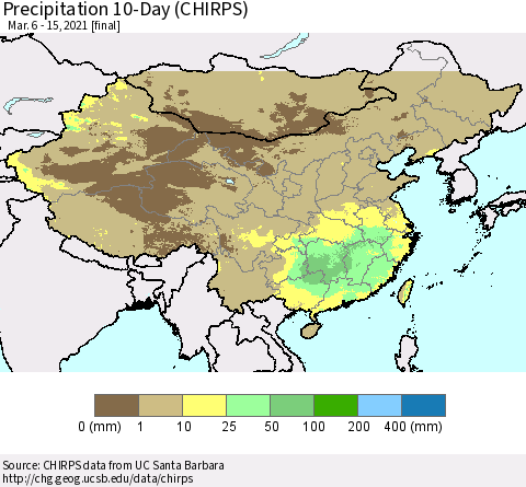 China, Mongolia and Taiwan Precipitation 10-Day (CHIRPS) Thematic Map For 3/6/2021 - 3/15/2021
