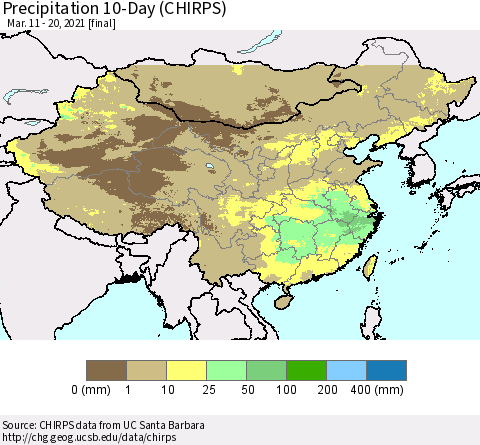 China, Mongolia and Taiwan Precipitation 10-Day (CHIRPS) Thematic Map For 3/11/2021 - 3/20/2021