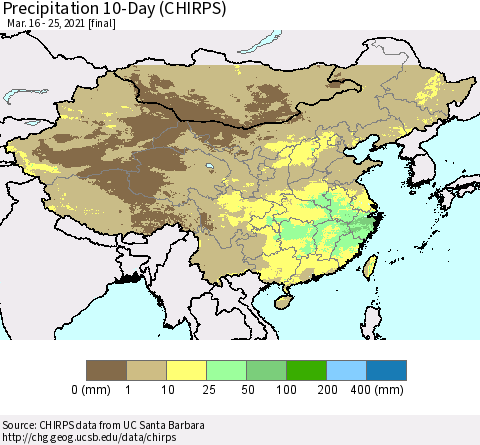China, Mongolia and Taiwan Precipitation 10-Day (CHIRPS) Thematic Map For 3/16/2021 - 3/25/2021