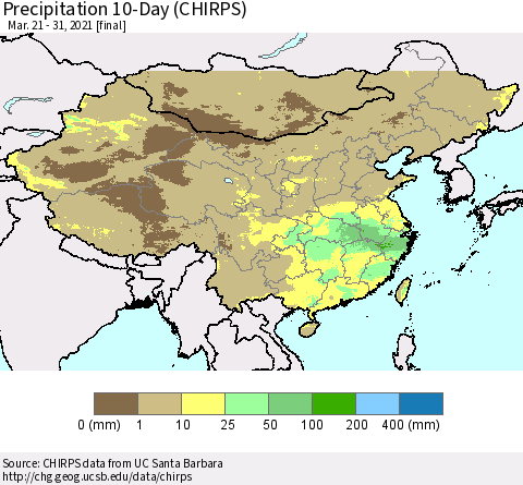 China, Mongolia and Taiwan Precipitation 10-Day (CHIRPS) Thematic Map For 3/21/2021 - 3/31/2021