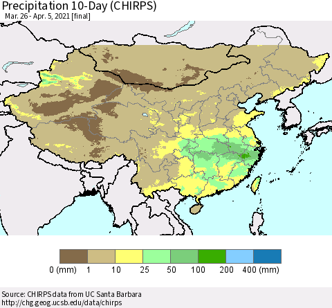 China, Mongolia and Taiwan Precipitation 10-Day (CHIRPS) Thematic Map For 3/26/2021 - 4/5/2021