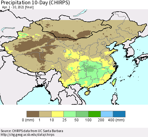 China, Mongolia and Taiwan Precipitation 10-Day (CHIRPS) Thematic Map For 4/1/2021 - 4/10/2021