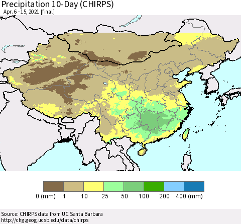 China, Mongolia and Taiwan Precipitation 10-Day (CHIRPS) Thematic Map For 4/6/2021 - 4/15/2021