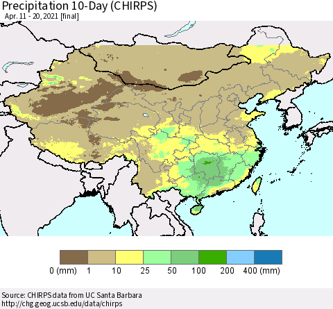 China, Mongolia and Taiwan Precipitation 10-Day (CHIRPS) Thematic Map For 4/11/2021 - 4/20/2021