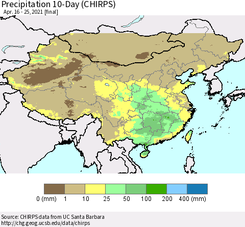 China, Mongolia and Taiwan Precipitation 10-Day (CHIRPS) Thematic Map For 4/16/2021 - 4/25/2021