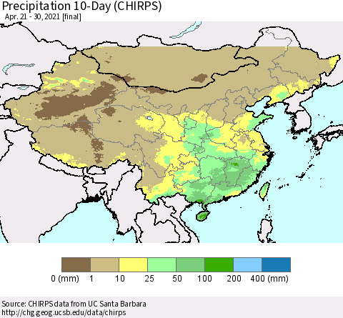 China, Mongolia and Taiwan Precipitation 10-Day (CHIRPS) Thematic Map For 4/21/2021 - 4/30/2021