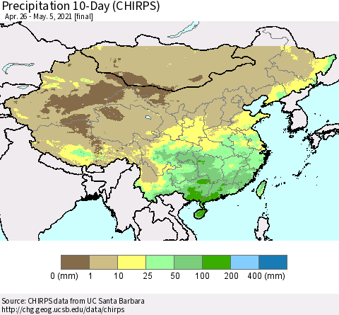 China, Mongolia and Taiwan Precipitation 10-Day (CHIRPS) Thematic Map For 4/26/2021 - 5/5/2021