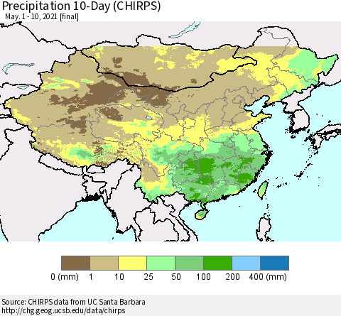 China, Mongolia and Taiwan Precipitation 10-Day (CHIRPS) Thematic Map For 5/1/2021 - 5/10/2021