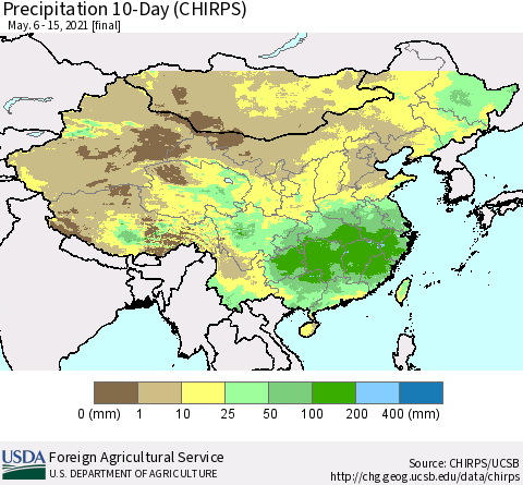 China, Mongolia and Taiwan Precipitation 10-Day (CHIRPS) Thematic Map For 5/6/2021 - 5/15/2021