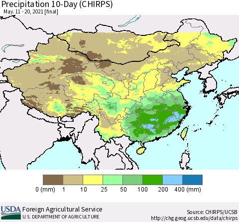 China, Mongolia and Taiwan Precipitation 10-Day (CHIRPS) Thematic Map For 5/11/2021 - 5/20/2021