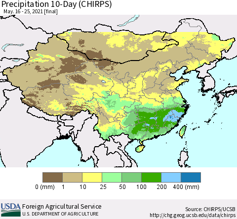 China, Mongolia and Taiwan Precipitation 10-Day (CHIRPS) Thematic Map For 5/16/2021 - 5/25/2021