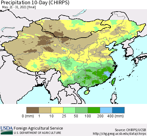 China, Mongolia and Taiwan Precipitation 10-Day (CHIRPS) Thematic Map For 5/21/2021 - 5/31/2021