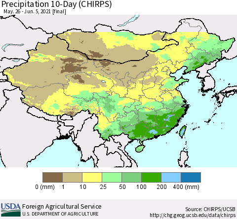 China, Mongolia and Taiwan Precipitation 10-Day (CHIRPS) Thematic Map For 5/26/2021 - 6/5/2021