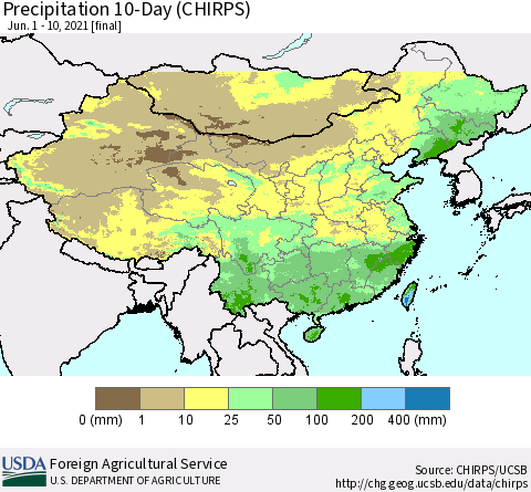 China, Mongolia and Taiwan Precipitation 10-Day (CHIRPS) Thematic Map For 6/1/2021 - 6/10/2021