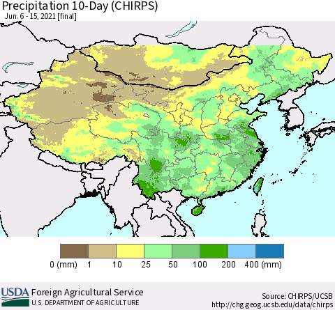 China, Mongolia and Taiwan Precipitation 10-Day (CHIRPS) Thematic Map For 6/6/2021 - 6/15/2021