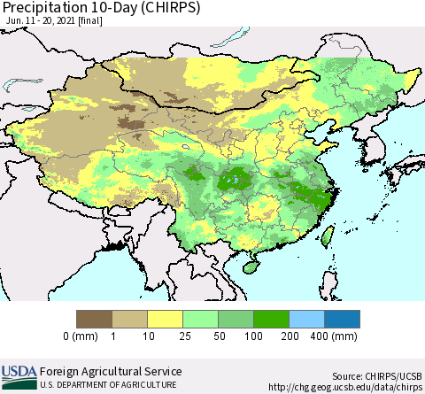 China, Mongolia and Taiwan Precipitation 10-Day (CHIRPS) Thematic Map For 6/11/2021 - 6/20/2021