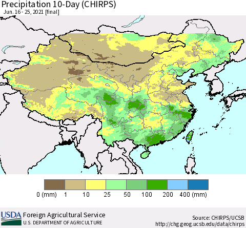 China, Mongolia and Taiwan Precipitation 10-Day (CHIRPS) Thematic Map For 6/16/2021 - 6/25/2021