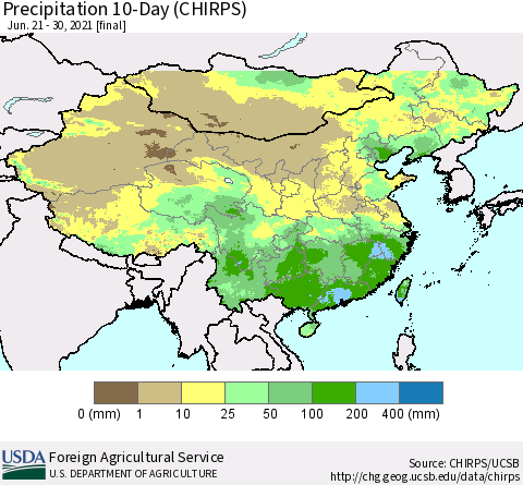 China, Mongolia and Taiwan Precipitation 10-Day (CHIRPS) Thematic Map For 6/21/2021 - 6/30/2021