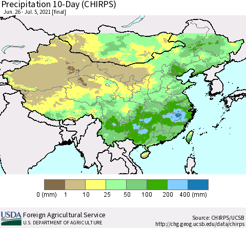 China, Mongolia and Taiwan Precipitation 10-Day (CHIRPS) Thematic Map For 6/26/2021 - 7/5/2021