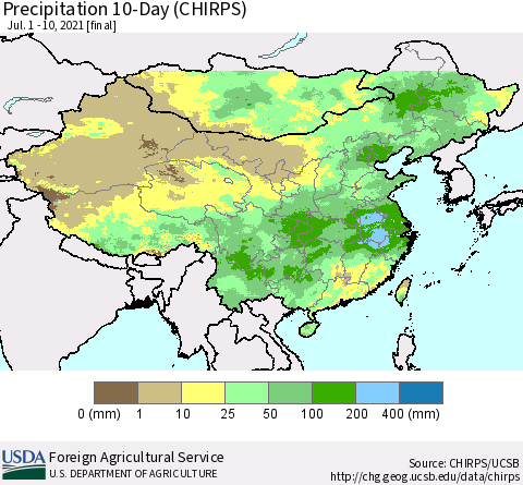 China, Mongolia and Taiwan Precipitation 10-Day (CHIRPS) Thematic Map For 7/1/2021 - 7/10/2021